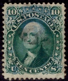 US Stamp #68a 10c Washington USED SCV $85. DEEP Green, Nice Margins.