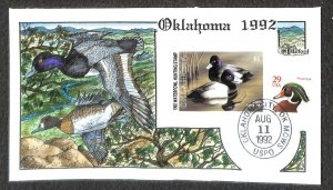 #13 OKLAHOMA DUCK STAMP MILFORD COLLINS HAND PAINTED FDC FIRST DAY COVER 1992