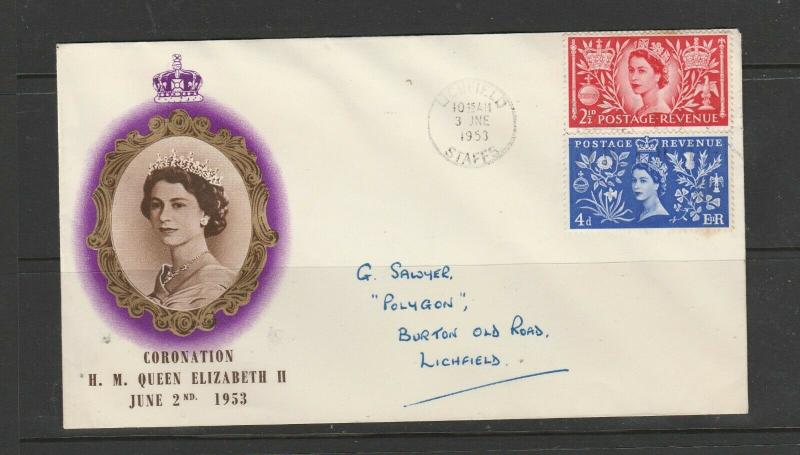 GB FDC 1953 Coronation, 2 1/2d & 4d only, Illus, Lichfield cds, Neat hand addres