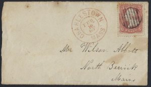 US 1865 CIVIL WAR PERIOD COVER CHARLESTON MASS IN RED W/FANCY CANCEL TO MAINE VR