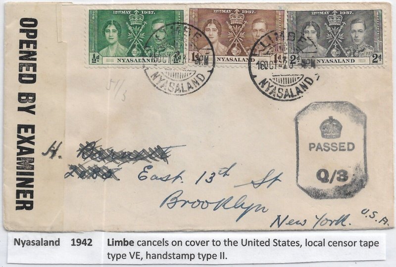 Limbe, Nyasaland to Brooklyn, NY 1942 Ty VE label & Ty II H/S (C5411)