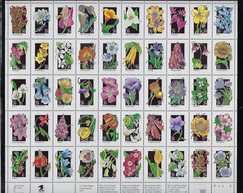 US #2647-2696 1992 WILDFLOWERS - PANE OF 50 .29C - MINT NEVER HINGED