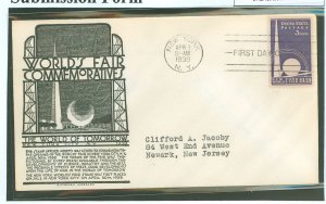 US 853 1939 3c New York City's World Fair (Trylon and Perisphere) on an addressed first day cover with an Anderson cachet.