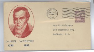 US 725 1932 3c Daniel Webster Commemorative (single) on an addressed (typed) FDC with a Franklin, NH cancel and a Washington sta