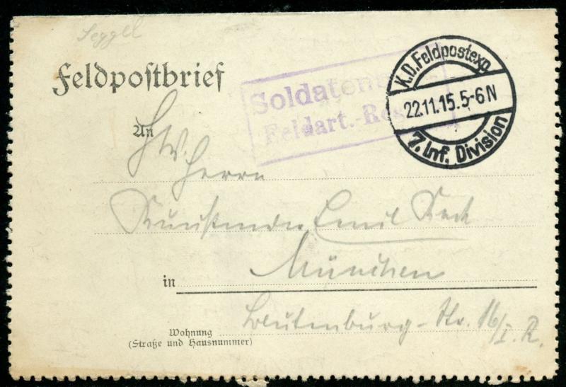 GERMANY WORLD WAR I VINTAGE FELDPOST CARD CANCELLED 11/22/15 7th INF DIVISION 