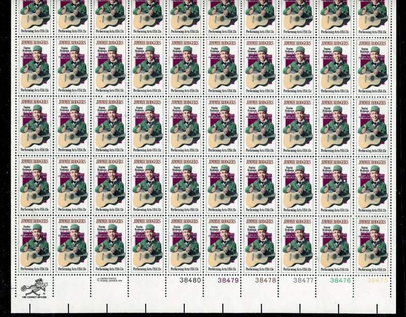 1755 Jimmie Rodgers Sheet of 50 13¢ Stamps MNH 1978