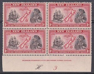 NEW ZEALAND 1940 Centenary 1d Captain Cook plate block MNH CP cat NZ$40.....K547