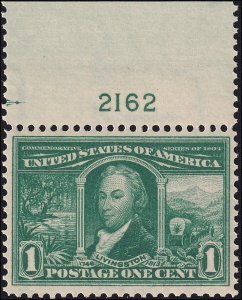 US #323 Mint OGnh, Plt Sngl,  With Cert.