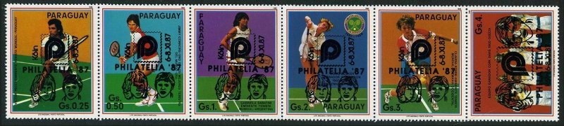 Paraguay 2229 af strip,MNH.Mi 4147-4152.Tennis players overprinted PHILATELIA 87