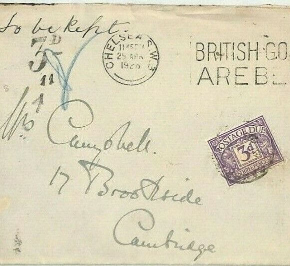 GB London Chelsea Unpaid Cover Postage Due 1926 {samwells-covers} CG42