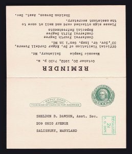 US REPLY CARD ENTIRE REVALUED SCOTT #UY14 (PM4 + PR4) 1951 PREPRINTED MASONIC