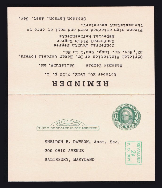 US REPLY CARD ENTIRE REVALUED SCOTT #UY14 (PM4 + PR4) 1951 PREPRINTED MASONIC