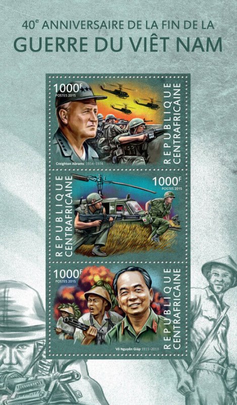 Central African Rep Military Stamps 2015 MNH Vietnam War Helicopters 3v M/S 