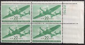 US MNH #C29 Plate Block of 4 UR Twin-Motored Transport SCV $9.00 L44