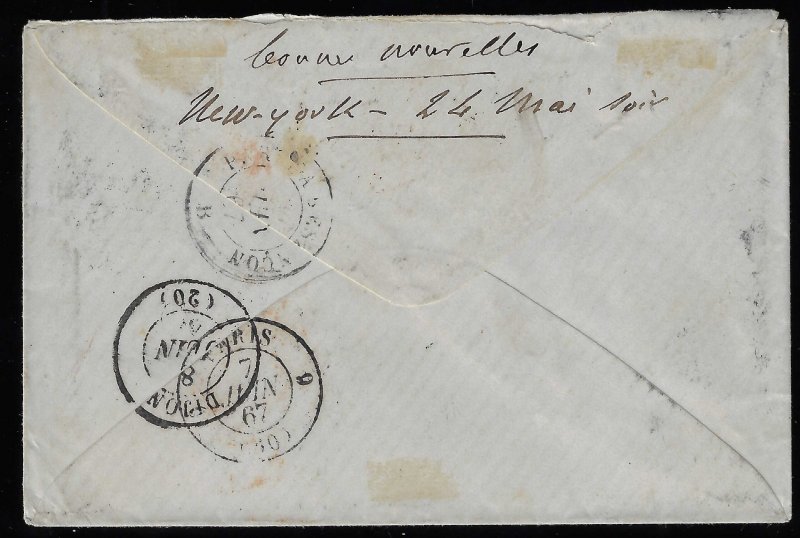Scott #77 - $300.00 – VG – 1867 Short Paid cover to France. Showpiece!