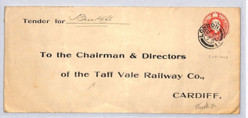 GB WALES Cover *TAFF VALE RAILWAY* Cardiff 1909 KEVII 1d Stationery CUT-OUT ZR25