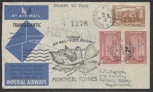 1939 Imperial Air Flight Registered Montreal to Foynes #3925k Numbered Cachet