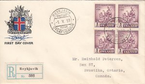 Iceland 1959 FDC Sc #318 3k Jon Thorkelsson Block of 4 Registered RPO