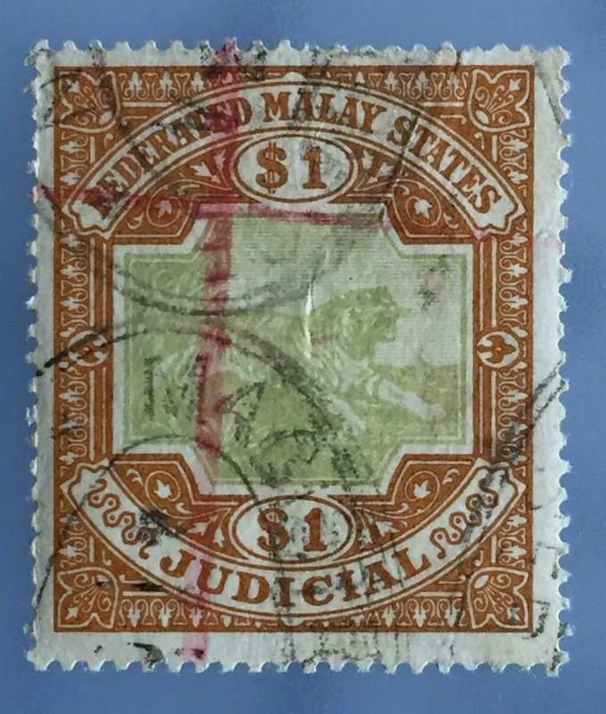 FEDERATED MALAY STATES FMS JUDICIAL TIGER 1900 $1 Wmk CC USED ISC#FJ23 M3373D