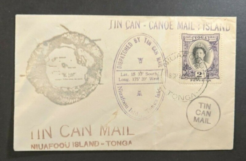 1942 Tin Can Canoe Cover Niuafoou Tonga 2d Queen Salote Stamp