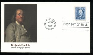 US 3139 Pacific 97 Benjamin Franklin 50c pane 12 UA Fleetwood cachet FDC