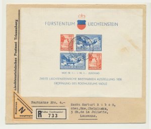 LIECHTENSTEIN 1936 POSTAL MUSEUM SHEET ON COVER, REG. TO SUISSE (SEE BELOW) 