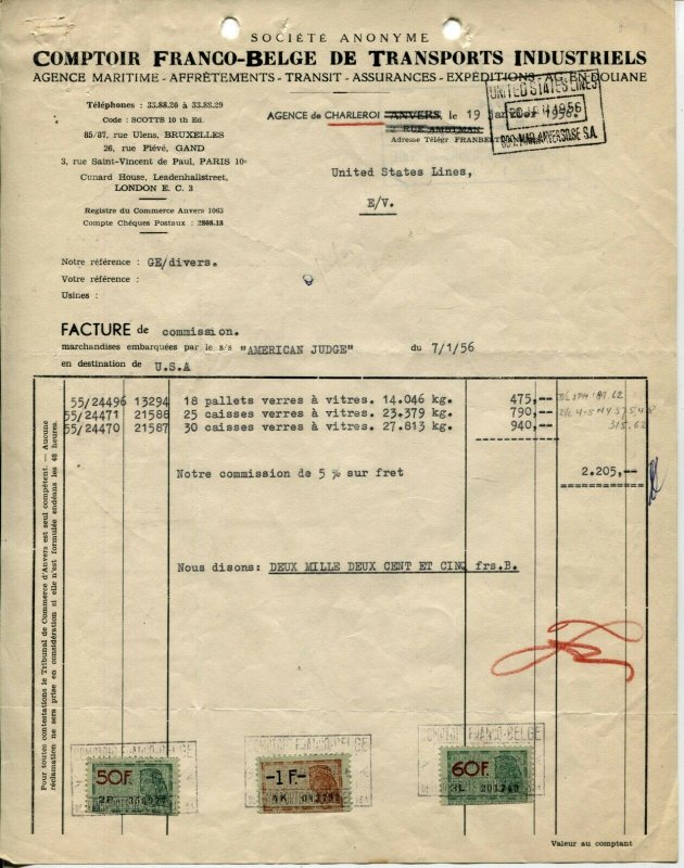 Belgium Revenue Stamps on Documents Shipping Transportation Fees Collection 1956