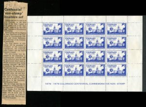 1976 Colorado 100th Anniv  Cinderella iCommemorative Non-Stamp FDC & Sheet of 16