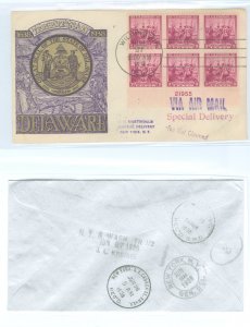 US 836 1938 3c Delaware Tercentenary (block of six) on an airmail, special delivery first day cover with a cachet craft multi-co