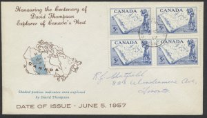 1957 #370 David Thompson FDC Block Personal Cachet Toronto Sub No 116 CDS