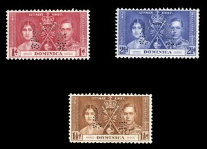 Dominica #94-96S Cat$120, 1937 Coronation, set of three, perforated Specimen,...