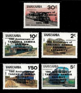 Tanzania 1987 - Trains, Zambia Railway OVPT - Set of 5 Stamps Scott 381A-E - MNH