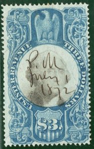 USA Classic Revenue High Value Scott.R125 $3 Blue (1871) Used Cat $75+ YELLOW53