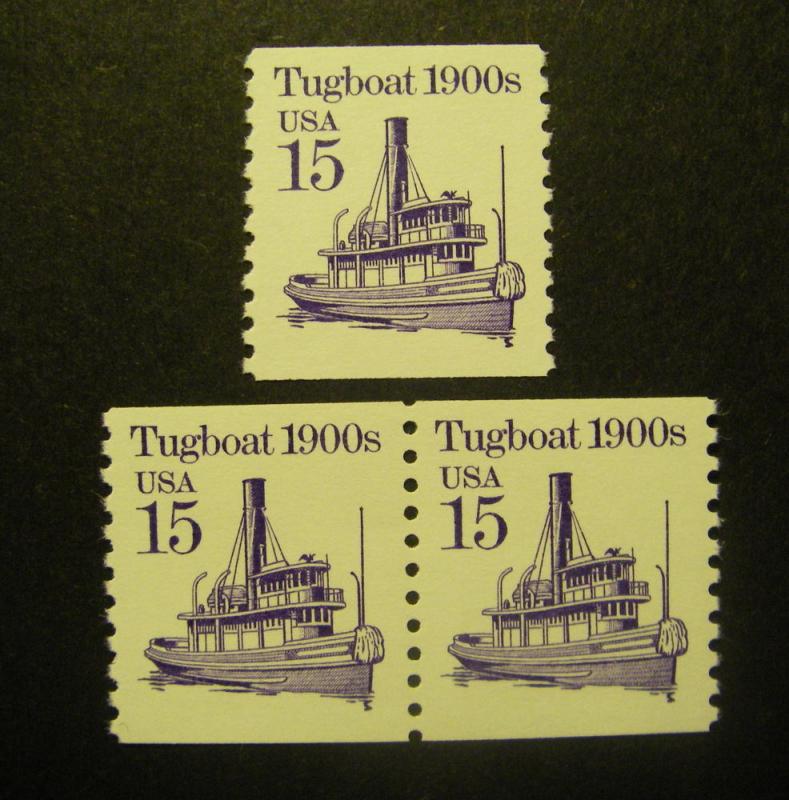 Transportation Coils III, Scott 2260, 15c Tugboat, Pair & single, MNH Coils