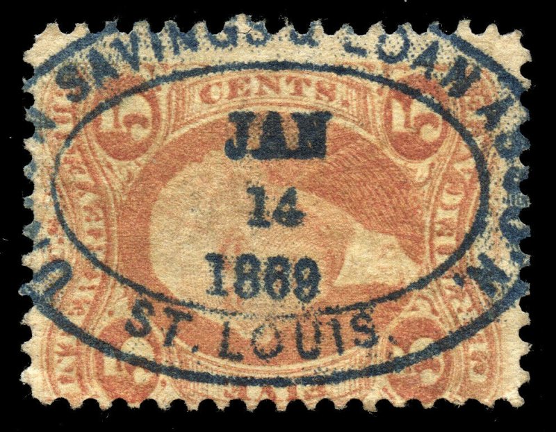 B487 U.S. Revenue Scott R24c 5c Certificate, bold 1869 blue oval bank cancel