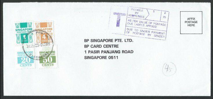 SINGAPORE 1992 taxed cover with postage dues. PASAR PANJANG cds...........10073