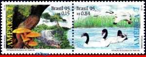 2559a BRAZIL 1995 UPAEP, BIRDS, REPTILES, ALLIGATOR, MUSHROOMS, MI# 2670-71, MNH