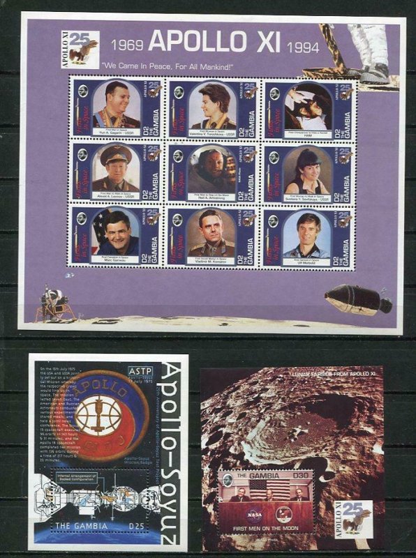 Gambia 3 Souvenir Sheets Space Cosmonauts 25 ann of Apollo XI,Apollo-Soyuz 5402