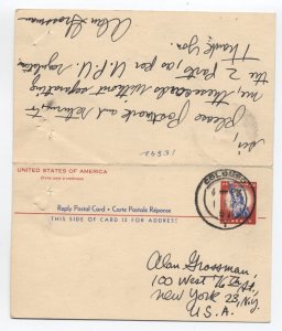 1956 UY16 4ct liberty postal card message/reply FDC to  ceylon  [H.2486]