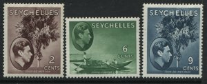 Seychelles KGVI 1941-49 2, 6, and 9 cents mint o.g. on chalky paper
