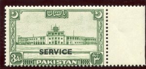 Pakistan 1949 KGVI Official 3a green superb MNH. SG O30. Sc O30.