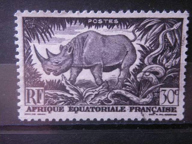 FRENCH EQUATORIAL AFRICA, 1946, used 30c, Scott 167, Rhinoceros