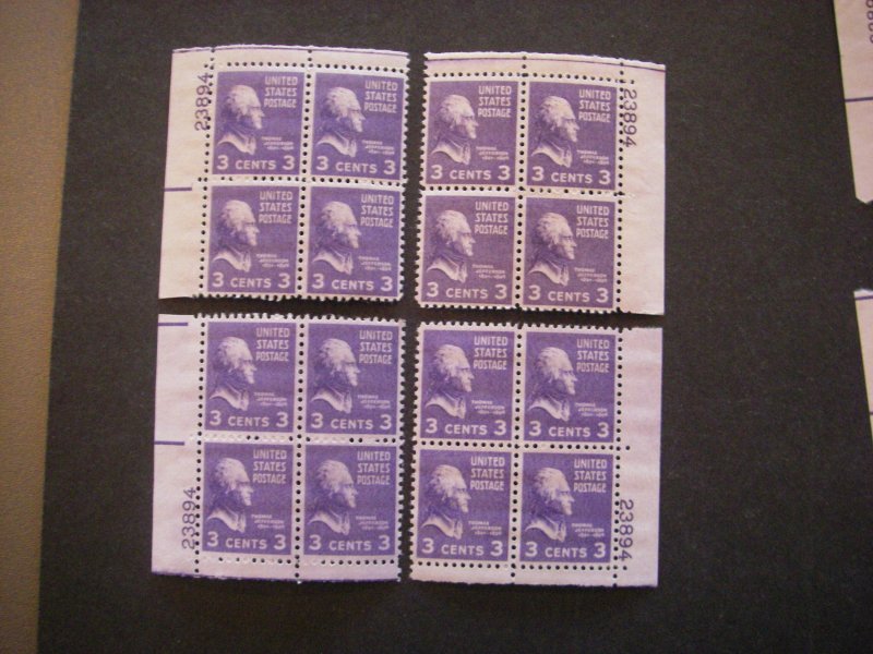 Scott 807, 3c Thomas Jefferson, PB4 #23894 x4, Matched Set, MNH Prexie Beauties