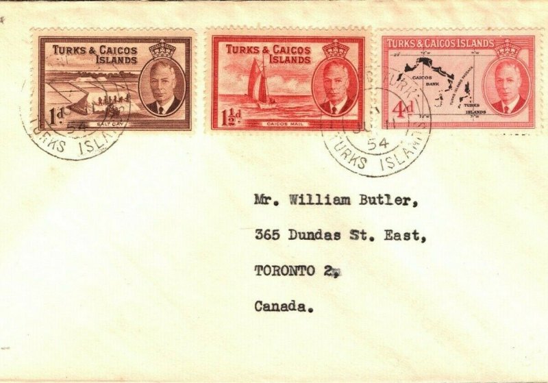 TURKS & CAICOS KGVI Cover Canada Toronto 1954 {samwells-covers} PB220