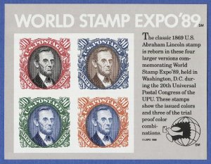 US 1989 Sc 2433  MNH  VF $3.60 Lincoln S/S, World Stamp Expo, cv $16