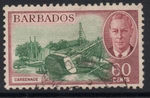 BARBADOS SG280 1950 60c GREEN & CLARET FINE USED