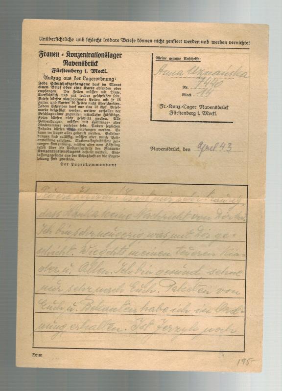 1943 Germany Ravensbruck Concentration Camp Letter KZ Anna Urnauska