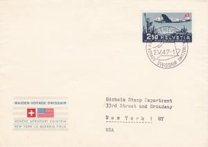 Switzerland 1947 Swissair First Flight Cover Geneva to New York Typed Addressed