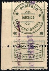 Scarce 1914 Mexico Revenue 5 Cent Government Conventionists Federal Contribution