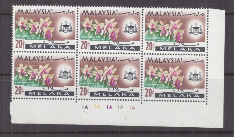 MALACCA, MALAYSIA, 1965 Orchid 20c., Plate # block of 6, mnh.